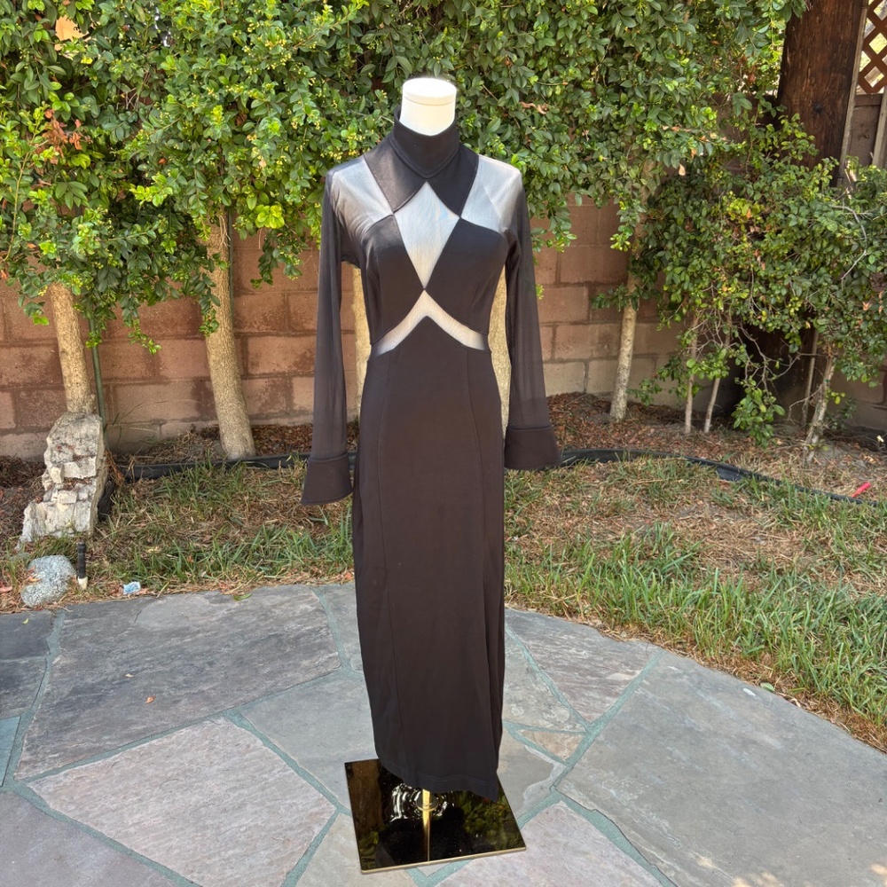 Vintage 90s Y2K era Tadashi Shoji Black Mesh Panel Long Sleeve Maxi Dress XS